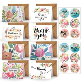 Yoolly 8 Pack Thank You Cards, Thank You Greeting Cards Multipack with Envelopes and Stickers, for Teachers, Graduation, Wedding, Family, Birthday, Business (Flowers)