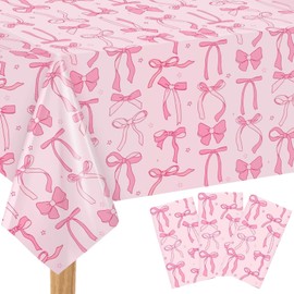 3 Pack Pink Bow Disposable Table Cloth Plastic Tablecloth 137 x 274 cm Rectangular Tablecloths for Indoor Outdoor Table Cover for Wedding Babyshower Birthday Party Decorations