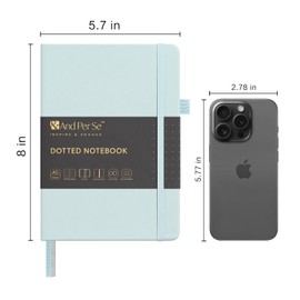 &And Per Se Dotted Journal Notebook, A5 Hardcover Leather Bullet Dotted Journal, 160 Pages 100 gsm Thick Dotted Paper，3 Sheets of Stickers Included for Women Men, Work Office or School - 5.7'' x 8''（Cyan）