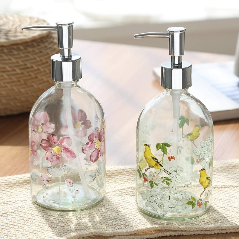 17oz Flower Glass Soap Dispenser Bottle with Plastic Pump,Set of