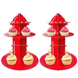 2 Pcs Fire Hydrant Cupcake Stand,3 Tier Sturdy Cardboard Firefighter Theme Cupcakes Tower Holder Food Display for Fire Theme Party Fire Truck Birthday Party Decoration