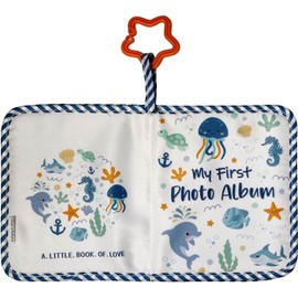 Baby’s First Family Album – Soft Cloth Photo Book with Baby-Safe Mirror, 5.5x7 Inch, Holds 17 Photos (Blue Sea Animals)