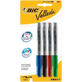 BIC Velleda 1741 Whiteboard Markers Effa & amp; ccedil; ables & amp; agrave; Dry Medium Conical Tip - Assorted Colors, Blister of 4