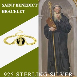 Vavacoy Black Onxy Saint Benedict Bracelet for Men Women 925 Sterling Silver Religious Catholic Bracelet with Adjustable Double Link Chain,9"(Gold)