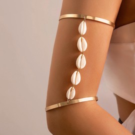 Cybche Boho Upper Arm Cuff Bangle Bracelet Gold Shell Tassel Arm Wrap Bracelet Layered Upper Armlet Cuff Bracelets Adjustable Open Upper Arm Bracelet Armband Jewelry for Women