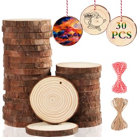 Artmag Natural Wood Slices 30pcs 2.4"-2.8" Unfinished Predrilled with Hole Round Wooden Circles DIY Crafts for Arts Rustic Wedding Wood Slices Christmas Ornaments Decor