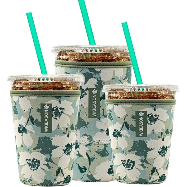 Reusable Iced Coffee Insulator Sleeve for Cold Beverages and Neoprene Cold Coffee Cup Sleeves Cooler Cover 16-32OZ for Coffee Cups, McDonalds, Dunkin Donuts, More(Floral Green)