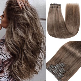 GUDOZO Clip-In Human Hair Extensions, 7 Pieces, 35 cm, 80 g, Invisible Clip Extensions, Human Hair Clip Extensions, Skin Weft Hair Extension (14 Inches, M2/6/613#)