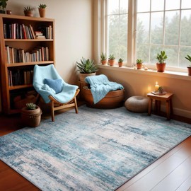 FLYRUGGO Abstract 3x5 Area Rug, Modern Indoor Entryway Rugs, Washable Soft Non-Slip Accent Carpet Door Mat for Dining Room Kitchen Bedroom - Abstract Teal/Grey