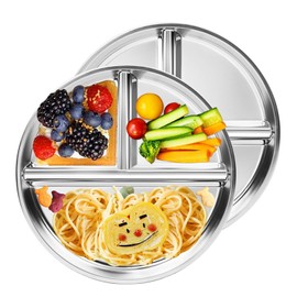 ZYEKIU Pack of 2 Stainless Steel Baby Plates, Portion Control, Children's Plate with Dividers, 23 cm, Children's Tableware, Stainless Steel, Non-Slip for Camping, Picnic, Home, School, Cafeteria