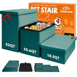 Dog Stairs with Storage 18" H, 3-Step Wider Dog Steps for Small/Medium/Large Dogs Cats, Folding Sturdy Pet Stairs Climbing Bed or Sofa, Ramp for Car Hold Up to 200 lbs (Dark Green, No Condo)