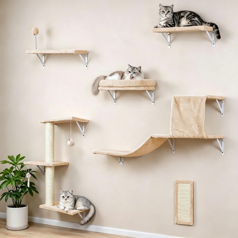 ANWA 6-in-1 Cat Wall Shelves Set, Wooden Cat Wall Climber