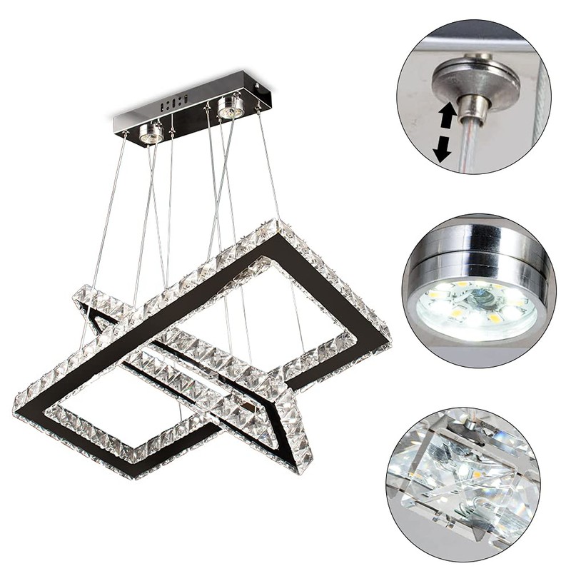 Finktonglan Modern Crystal Chandelier, Rectangular Double Ring LED Pendant Light,