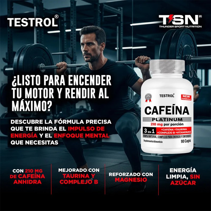 Cafeína 210 Mg | Testrol Platinum | 90 Cápsulas Sin