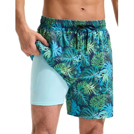baleaf Swim Shorts Men with Zip Pockets Rash Guard Swimming Trunks 5'' Soft Quick Dry UPF 50+ Green Tropics M