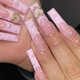 Press on Nails Long Coffin Pink Glossy Full Cover Acrylic Extra Long Square French False Nails with Pearl Heart Gems Designs Artificial Ballerina Fake Nails with Glue Stick on Fingernails for Women