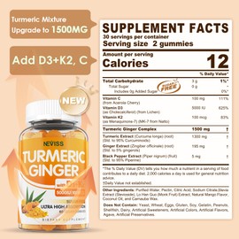 Sugar Free Turmeric Ginger Gummies with 5000 IU Vitamin D3 & K2 (MK7), C - Vegan Turmeric Supplement Gummies for Adults 1500mg with Black Pepper, Supports Bone, Immune & Digestive Health - 120 Cts