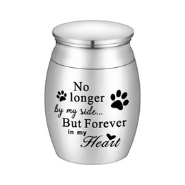 XIUDA Pet Memorial Small Urns for Dog and Cat Ashes, 1.57 inches Mini Stainless Steel Cremation Urn, Pet Paw Print Keepsake Urn for Ashes - No Longer by My Side Forever in My Heart