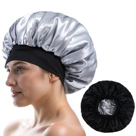 Satin Sleep Bonnets for Women, Double Layer Silk Bonnet Reversible Satin Night Sleep Cap Hair Bonnet for Women Curly Hair Braids (Silver/Black)