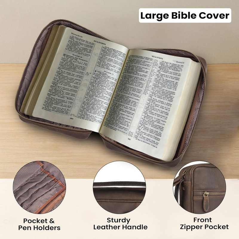 LEATHER VILLAGE Large Leather Bible Cover with Carry Handle &