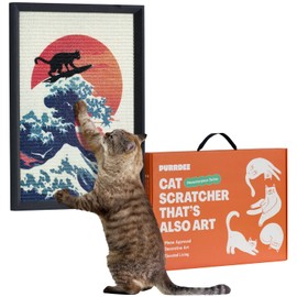 Decorative Wall Art Cat Scratcher for Vertical Scratching, 14"x20" Framed Sisal Scratch Pad Mat with Renter-Friendly No-Drill Wall Mounted Setup, Durable Alternative to Cardboard (The Cat Wave)