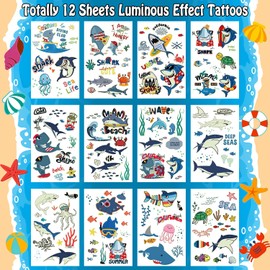 Leesgel 12 Sheets Luminous Shark Temporary Tattoos for Kids, Glow Return Gifts for Kids Birthday Shark Theme Party Decorations, Games Prizes Toys for Boys Girls Under the Sea Party Supplies