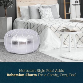 Marrakesh Gallery Faux Leather Round Pouf Unstuffed - Moroccan Ottoman Footstool, Footrest Cover - Boho Decor - Bohemian Living Room, Bedroom, Kids Room, Gift & Wedding (Silver)
