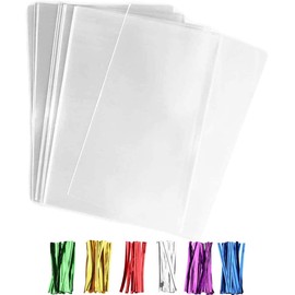 Nobranded 50 pcs Clear 11" x 14" Flat Cello Cellophane Bags Poly Treat Bags 2.8 mils for Gift Wrapping, Bakery, Cookie, Candies, Toast, Dessert, Party Favors Packaging with Color Twist Ties