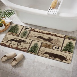 Rustic Cabin Bath Rugs for Bathroom, Forest Bear Deer Wildlife Country Hunting Camping Non Slip Flannel Bathroom Rug, Dry Fast Water Absorbent Bath Mats, 17x48 Inch