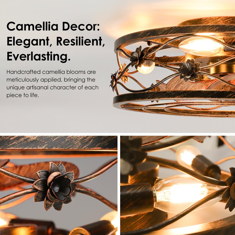 ropelux Caged Ceiling Fan with Lights, Rustic Farmhouse Low Profile