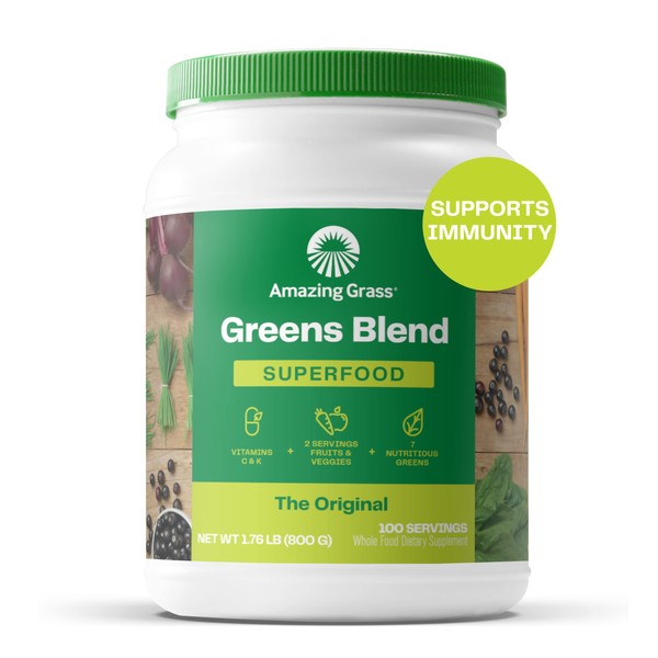 Amazing Grass Greens Blend Superfood: Super Greens Powder Smoothie Mix with Organic Spirulina, Alfalfa, Beet Root Powder, Digestive Enzymes & Probiotics, Original, 100 Servings (Packaging May Vary)