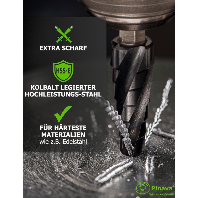 Pinava Step Drill HSS Cobalt Pro 4XSPIRAL [Faster, Precise, Durable]