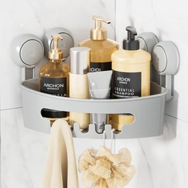 LEVERLOC Corner Suction Shower Caddy Bathroom Storage Basket No-Drilling Rust Free Removable Waterproof Vacuum Shower Shelf Shampoo Bottles Organizer for Room Kitchen Toilet Tiles,Grey