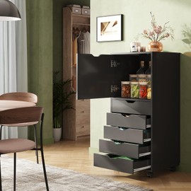 DEVAISE 5-Drawer Wood File Cabinet, Mobile Filing Cabinet with 1 Door, Wide Storage Space for Home Office, Black