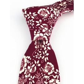 Wine Red Skinny Tie Mens Premium Cotton Cream Printed Handmade Boys Gold Floal 2.36" Necktie Spring Wedding