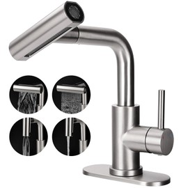 Bietor Bathroom Sink Faucet with 4 Mode Pull Down Sprayer, Brushed Nickel Single Handle Pull Out Faucet with Pop-Up Drain, 1 or 3 Hole Laundry Bar Basin Faucet with Deck Plate