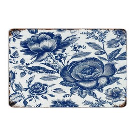 Blue And White Porcelain' Floral 12x18 Inch Metal Sign Hanging Front Door Garden Home Room Decor for Men Metal Plaque Grids Trellis' Quatrefoils Mesh Tin Signs for Entryway
