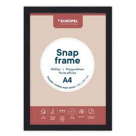 Europel lightweight folding frame DIN A2 matt black powder-coated, easy-click system, profile 25 x 11 mm, anodised aluminium and anti-glare protective film, outer dimensions 451 x 625 mm, grey polystyrene back