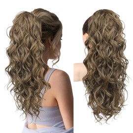 REECHO Ponytail Extension, 24" Claw Clip Ponytail Extension Wavy Ponytails Hair Extensions Jaw Clip on Pony Tails Natural Synthetic Hairpiece for Women Daily, Ash Brown