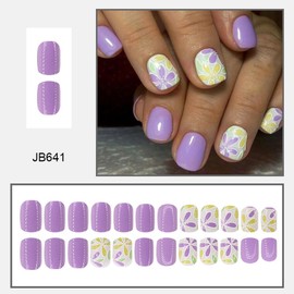 Purple Press on Nails Short Square Fake Nails with Flower Design Floral Glue on Nails Lilac False Nails Glossy Spring Nails Reusable Summer Nails for Women Girls Manicure 24pcs