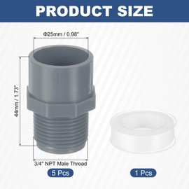 uxcell PVC Adapter Pipe Fitting, 5Pcs 3/4" 2-Way Connectors with Sealant Tape (Socket x Male Thread), Hose Adapter Coupling for Plumbing Water Line (Grey)