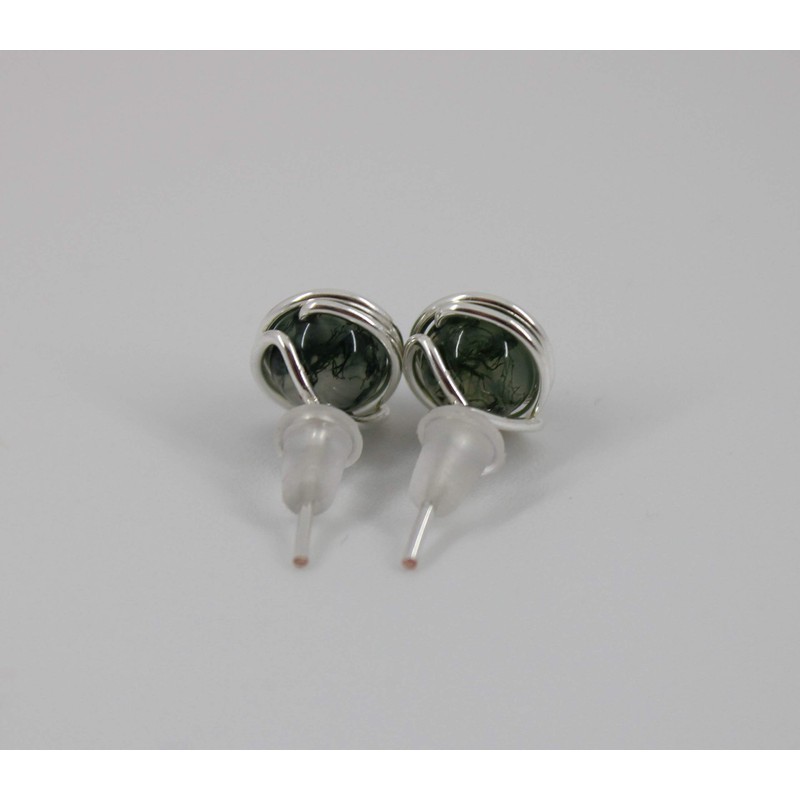 Stud Earrings - Gemstone Moss Agate - Silver-