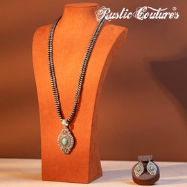 Rustic Couture's Western Jewelry Set for Women Cowgirl Turquoise Vintage Western Bohemian Turquoise Pendant Necklace Earring WJ-1017TQ