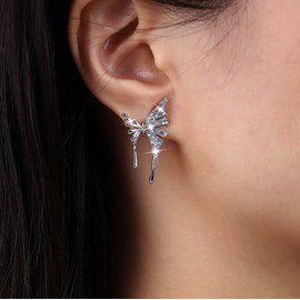 Aneneiceera Vintage Irregular Butterfly Stud Earrings Silver Crystal Butterfly Earrings Rhinestone Butterfly CZ Earrings Shiny CZ Stud Earrings Jewellery for Women and Girls, Zinc