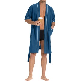 SIORO Waffle Knit Robe for Men, Short Lightweight Bathrobe with Kimono & Pockets, Short-Sleeves Summer Loungewear for Spa