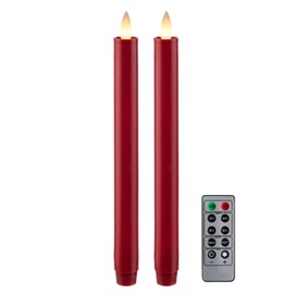 CozierGlow Wax Flameless Taper Candles Flickering with Remote and Timer, 3D Moving Flame Battery Candles to 400 Hours, 9 Inch Pack of 2 Candles, Remote Included (Red)