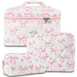 3Pcs Makeup Bag Cotton Quilted Travel Cosmetic Bag Cute Floral Makeup Pouch Large Toiletry Bag for Women Girls, Bow-Pink5, Daily