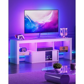 CHOEZON TV Stand with Power Outlet, Modern TV Cabinet for 55 60 inch TVs, Media TV Console with LED Light Strip, Media Entertainment Center with Storage, for Living Room, Bedroom, White MDS02UDWB