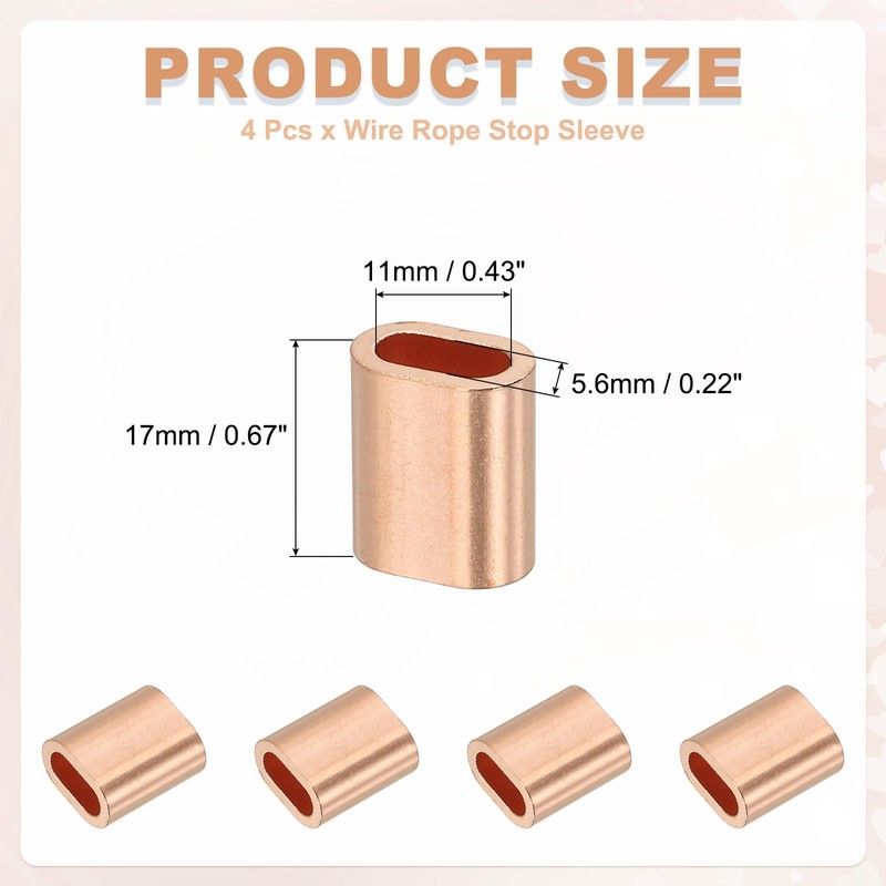 sourcing map 3/16"(5mm) Wire Rope Stop Sleeve, Copper Crimping Loops
