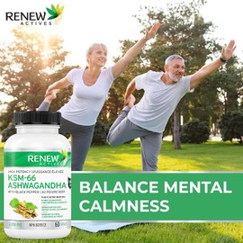 Renew Actives Ashwagandha KSM 66 Pure Organic Root Powder Extract Ayurvedic Supplement - 500MG Focus & Mood Support to Increase Energy. Natural KSM66 with Black Pepper for Superior Absorption - 60 Capsules - Made in Canada&